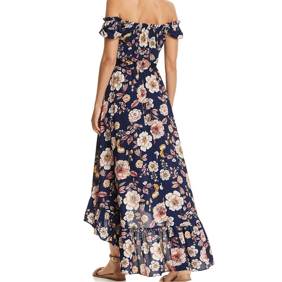 NWT Aqua Floral Off-Shoulder Ruffle Maxi Dress Navy Pink | Womens XS - Picture 2 of 11